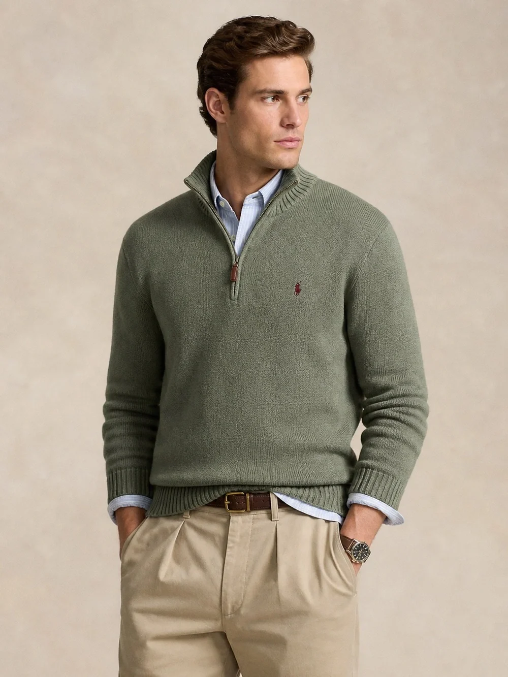 Polo Ralph Lauren Mens Olive Green 100% Cotton Quarter Zip Sweater Size Large